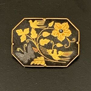 VTG Damascene Pin Brooch Floral Bird rectangular Gold Tone